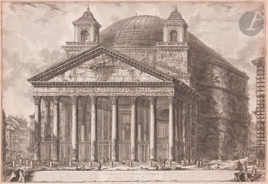 Giambattista Piranesi (1720-1778
)Veduta del Pantheon d'Agrippa oggi Chiesa di S. Maria ad Martyres. 1761. Etching and chisel. 695 x 478. Hind 60. Good proof on intermediate heavy vellum (18th c. Roman paper), 1st state (of 5), before erasing the price and before the numbers. Normal median vertical fold. Moisture aureoles on the foot, with damage to the letter (awkwardly restored runners). Oxidation of the leaf. Small holes and snags at the head. Narrow margins.
