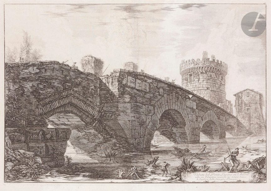 Giambattista Piranesi (1720-1778)
Veduta del Ponte Lugano su l’Anione… 1763. Eau-forte et burin. 667 x 460. Hind 68. Belle épreuve sur vergé, du 3e état (sur 4), avant le numéro 802, soigneusement lavée. Pli vertical médian normal, consolidé au verso, avec traces de frottement au recto. Plusieurs autres plis dont plis de tirage transversaux et plis de manipulation. Toutes marges. Tirage parisien intermédiaire. 