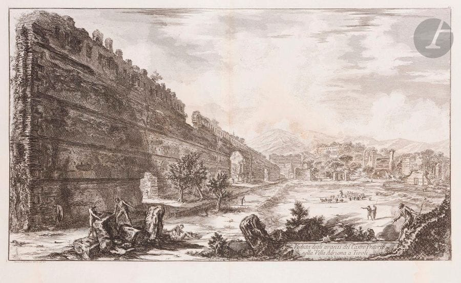 Giambattista Piranesi (1720-1778)
Veduta degli Avanzi del Castro Pretorio nella villa Adriana a Tivoli. 1770. Eau-forte et burin. 658 x 372. Hind 94. Belle épreuve sur vergé, du 3e état (sur 4), avant le numéro 812. Pli vertical médian normal avec onglet de montage au verso. Larges auréoles claires d’humidité dans le sujet et en pied. Fine bande d’oxydation aux bords du feuillet. Toutes marges. Tirage parisien intermédiaire.