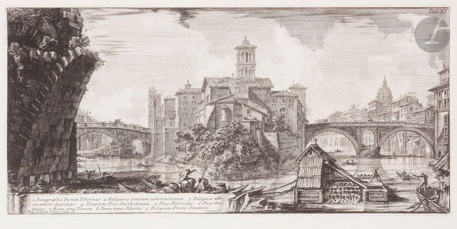 Giambattista Piranesi (1720-1778)
Vue de l’île Tibérine. (Pl. 11 de la suite Il Campo Marzio dell’ antica Roma). 1762. Eau-forte et burin. 442 x 207. Focillon 441. Très belle et fraîche épreuve sur vergé. Toutes marges.