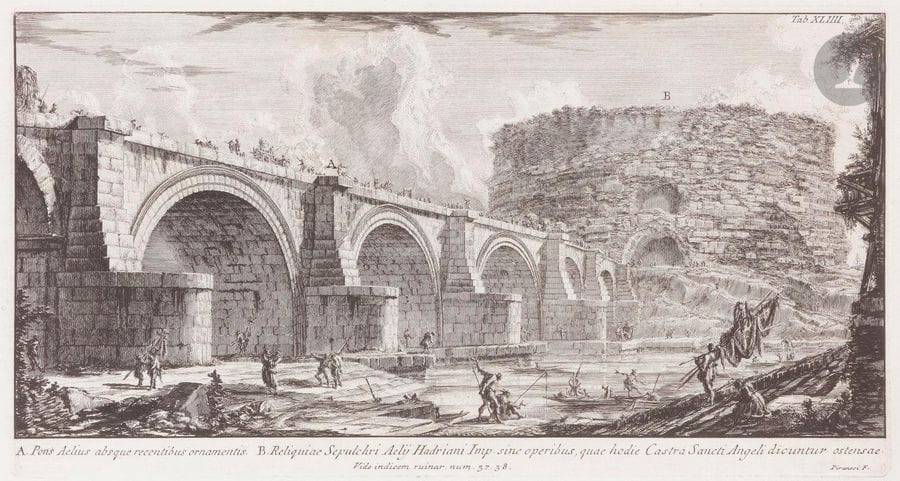 Giambattista Piranesi (1720-1778)
Le Pont Saint-Ange à Rome. (Pl. 44 de la suite Il Campo Marzio dell’ antica Roma). 1762. Eau-forte et burin. 403 x 216. Focillon 474. Très belle et fraîche épreuve sur vergé. Toutes marges. 