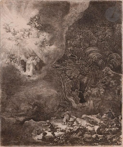 Rembrandt Harmensz. van Rijn (1606-1669)
L’Annonciation des bergers. 1634. Eau-forte, pointe sèche et burin. 220 x 263. Bartsch-Hollstein 44 ; New Hollstein 125 ; Hind 120. Belle épreuve sur vergé mince, rognée à l’extérieur du coup de planche ou sur celui-ci, d’un tirage effectué par Basan, avec de nouveaux travaux, le pont devenu indistinct, l’usure dans le fond sous l’aile gauche de l’ange très perceptible. Infimes trous visibles par transparence, inhérents à la texture du papier. 