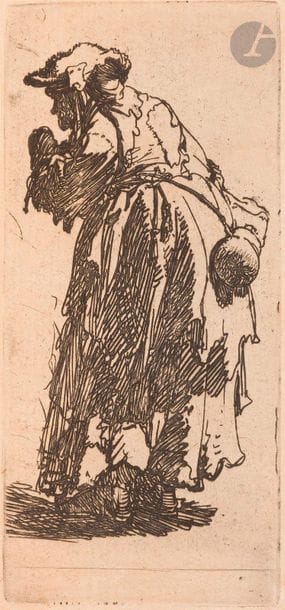 Rembrandt Harmensz. van Rijn (1606-1669
)The Woman with the Gourd. Circa 1630. Etching. 46 x 101. Bartsch-Hollstein 168. Nice proof on beige mechanical laid paper, from a 19th century edition. Margin fillets. Seal : The Persian. Anonymous copy in return. Etching. 77 x 98. Proof on thin laid paper. Set of 2 p.
