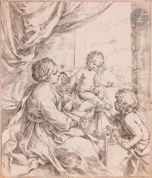 Guido Reni (1575-1648)
La Vierge avec l’Enfant et Jean Baptiste. Eau-forte. 158 x 188. Bartsch 6. Belle épreuve rognée sur le coup de planche. Rare selon Bartsch. 