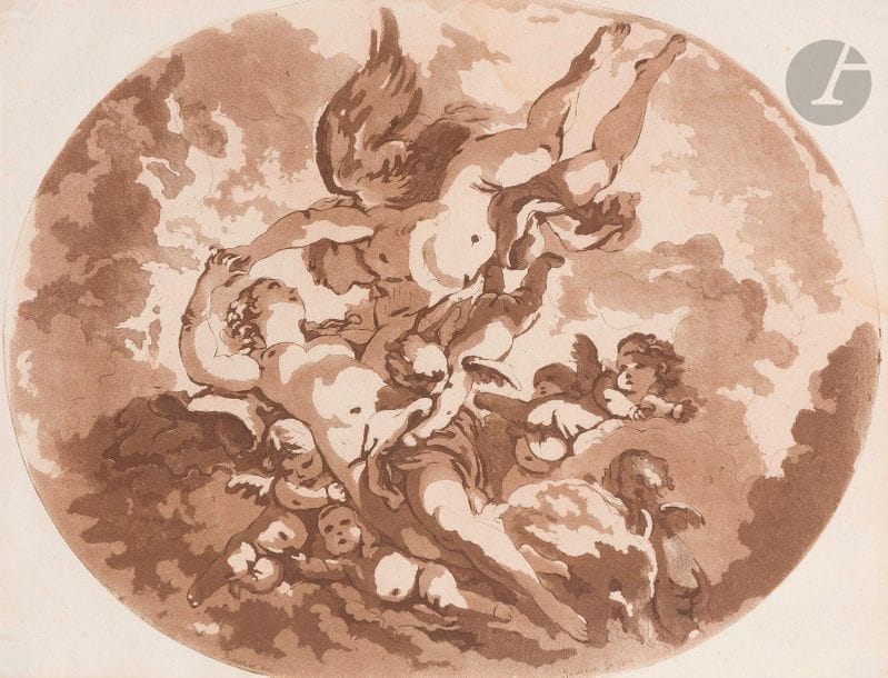 Saint-Non (Jean-Claude Richard, abbé de) (1727-1791)
Éros et Psyché. 1766. Eau-forte et aquatinte d’après Boucher. 322 x 252. Le Blanc 27 (sous le titre Vénus et l’Amour). Impression en sépia. Bonne épreuve irrégulièrement rognée sur le coup de planche en pied, avec marges réduites à environ 10 mm sur les trois autres côtés. Petites auréoles d’humidité aux bords du feuillet, pénétrant légèrement dans le sujet. Rousseurs claires. Bande d’oxydation le long du bord droit. Cadre. 