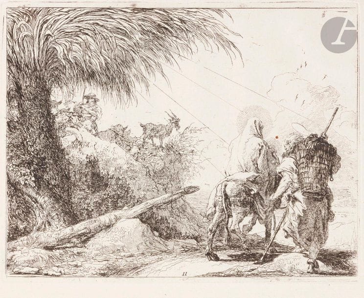 Giandomenico Tiepolo (1727-1804
)The Shepherd Watching the Holy Family Passing By (Pl. 11 of the suite of 24 Picturesque Ideas on the Flight to Egypt preceded by 3 title pl.). Etching. 245 x 190. From Vesme 11; Rizzi 77. superb and brilliant proof on Italian laid paper, with the number, the copper edges very inked. A point of rust above the Child's head. Tiny hole above the top board shot. Small normal ripples along the lower edge. All margins on three sides (the upper one rectified).

