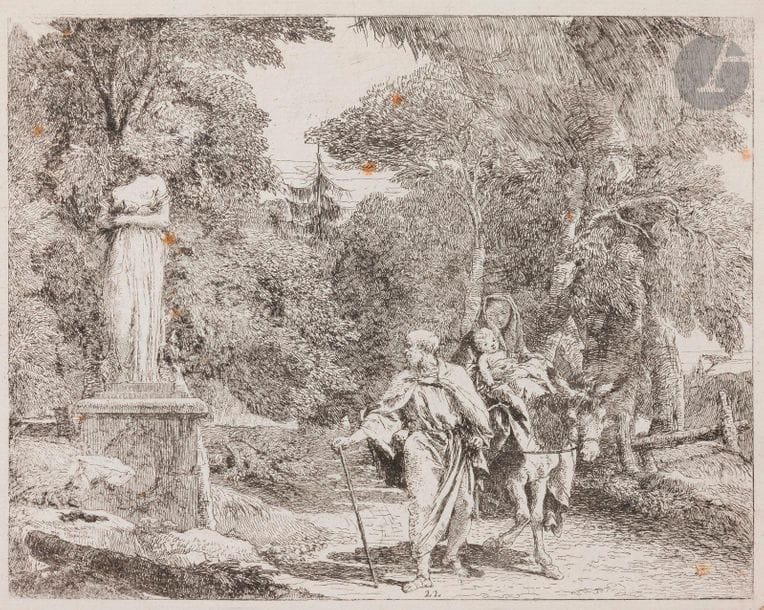 Giandomenico Tiepolo (1727-1804)
La Sainte Famille passant près d’une statue. (Pl. 22 de la suite de 24 Idées pittoresques sur la fuite en Égypte précédées de 3 pl. de titre). Eau-forte. 245 x 190. De Vesme 22 ; Rizzi 88. Belle épreuve avec le numéro, rognée sur le coup de planche, collée sur carton. Plusieurs fortes rousseurs dans le sujet.