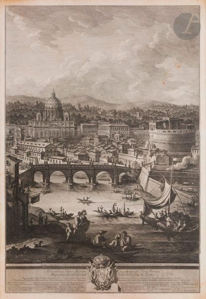 Giuseppe Vasi (1710-1782)
Le Rovine delle antiche magnificenze du Roma… ; Il prospetto della Citta Leonina… (2 pl. d’une suite de 4 vues de Rome). 1765-1771. Eau-forte et burin. Feuillets : 760 x 1065. Très belles épreuves sur vélin, en trois morceaux raboutés comme à l’ordinaire. Rousseurs éparses, auréoles d’humidité et oxydation des feuillets. Marges. Cadres. Ens. 2 p.