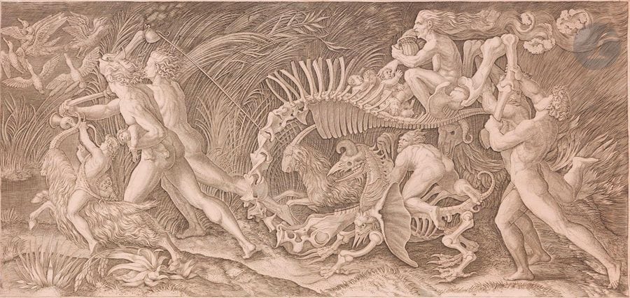 Agostino Veneziano (1490-c. 1569)
La Carcasse (Lo Stregozzo). Gravé d’après Raphaël (selon Bartsch). [645 x 308]. Bartsch (Raimondi) 426-1. Bonne épreuve sur vélin, rognée sur le coup de planche ou légèrement à l’extérieur de celui-ci, d’un tirage effectué fin XIXe ou début XXe siècle à partir du cuivre original, avec diverses reprises au burin dans les tailles (angle supérieur gauche, monogramme en pied). Pli vertical médian perceptible au verso. Menus accidents, infimes déchirures aux bords du feuillet, petites auréoles d’humidité et légers plis de manipulation. 
 Un article de Christiane Wiebel paru en 2015 dans le Print Quarterly (XXXI, 1) nous éclaire sur les conditions dans lesquelles la planche de cuivre a été retravaillée en vue d’un retirage. Ce cuivre est conservé au Cabinet des Estampes de la collection Veste Coburg. Le prince Albert, époux de la reine Victoria, garda toujours un lien avec cette collection constituée par son grand-père le duc Franz Friedrich Anton of Saxe-Coburg-Saalfeld. Il établit lui-même la collection d’estampes et dessins du château de Windsor et entreprit de promouvoir les œuvres des maîtres anciens, en commençant par Raphaël, puis Michel-Ange et Léonard de Vinci. Sa mort en 1861 interrompit ce projet alors même qu’il se consacrait au premier de ces artistes, particulièrement en rassemblant les gravures de Raimondi et de Veneziano d’après ses dessins. Apprenant que le cuivre de La Carcasse était conservé à Coburg, le prince demanda qu’en fussent tirées quelques épreuves. Dans une lettre conservée aux Archives royales de Windsor, en date du 20 juin 1857, le conseil privé du prince, Fischer, lui écrit que 12 épreuves vont lui parvenir – 6 sur chine, 6 sur « papier blanc ». C’est le peintre de cour Rothbart qui fut chargé de mettre en œuvre le retirage. Il confia le cuivre à l’imprimeur de Nuremberg Carl Joseph Berg, lequel reprit quelques tailles affaiblies sur la plaque, dans l’angle supérieur gauche et dans le monogramme, puis