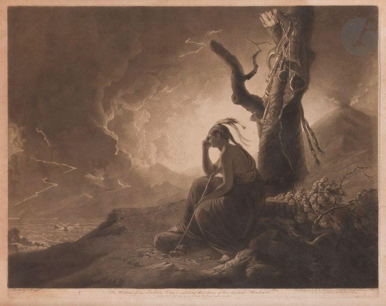 Joseph Wright of Derby (1734-1797) (d’après)
The Widow of an Indian Chief Watching the Arms of Her Deceased Husband (La Veuve d’un chef indien veillant les armes de son mari défunt). 1789. Manière noire par J. R. Smith. 558 x 455. Impression en brun bistré. Belle et rare épreuve sur vergé. Rousseurs claires, empoussiérage et petites auréoles d’humidité. Le coup de planche fracturé le long du bord droit. Minuscule manque en pied du feuillet. Quelques infimes points blancs en surface. Toutes marges. Cadre. 
 Le tableau original, daté de 1783-1785, est conservé au Derby Museum and Art Gallery (Royaume-Uni). Le graveur en manière noire John Raphaël Smith (1752-1812) était tout comme le peintre originaire de cette ville. Notre gravure date de l’année même de la naissance de l’écrivain James Fenimore Cooper, auteur du Dernier des Mohicans (paru en 1826). Le tableau contribua à forger une certaine représentation rousseauiste du « bon sauvage » qui contamina la littérature et les arts. Ainsi chez Chateaubriand, qui à l’âge de vingt-trois ans effectua un séjour de huit mois en Amérique, d’où découla une œuvre de fiction, Les Natchez (1796-1797), laquelle fit l’objet d’un tableau de Delacroix en 1835. 