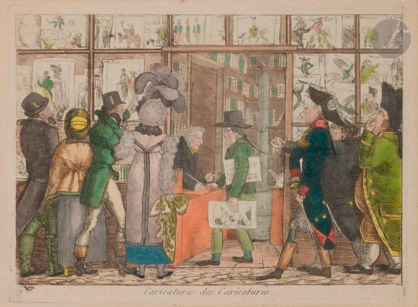 Forceval, caricaturiste (époque Restauration) 
Caricature des Caricatures. 1815. Eau-forte. 270 x 217. Belle épreuve sur vergé, coloriée à l’aquarelle. Oxydation sous le passe-partout. Petite tache rousse au-dessus du coup de planche supérieur. Marges. Cadre.
 Cette planche figure dans les collections du British Museum et dans celles du musée Carnavalet, semblablement coloriée. Forceval avait pour marque une écrevisse, que l’on voit ici en guise de signature. Il collaborait avec le marchand et éditeur Aaron Martinet. Le personnage central tient à la main une autre planche satirique de l’année 1815, Les Habits retournés. 