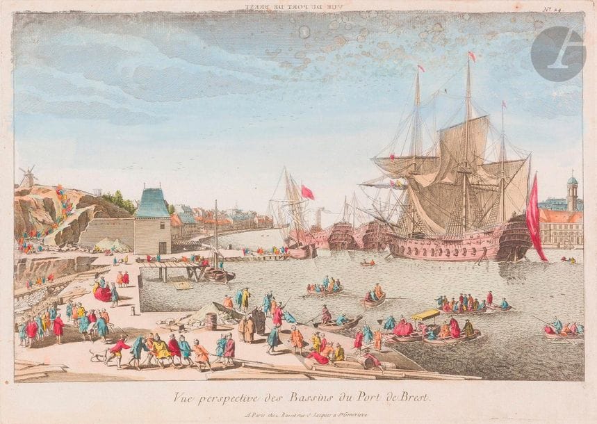 Vues optiques (fin XVIIIe-début XIXe s.)
Vue perspective des Bassins du Port de Brest ; Vue du Port et Rade de Gerzay (Jersey) ; Vue perspective de la Grande Place de Lisbonne… Eau-forte. Chaque [510 x 325]. Belles épreuves sur vergé, en coloris du temps, à l’adresse de Basset. Menus accidents, courtes déchirures et salissures aux bords des feuillets. Rousseurs claires et traces de plis. Toutes marges. Ens. 3 p.