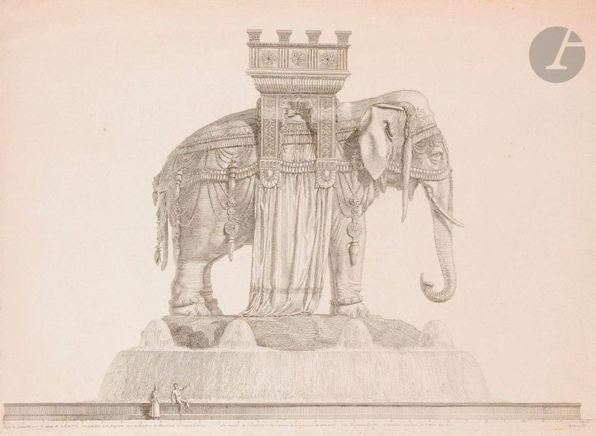 Jean-Antoine Alavoine (1776-1834
)Fountain project for the Bastille Square composed by J. A. Alavoine under the direction of Baron Denon... 1818. Etching. 574 x 410. Very nice proof on vellum. Slight oxidation of the sheet. Some light freckles. Small run-out in the left margin, small halo of humidity and traces of folds. Two short tears at the base. All margins. Rare. 

