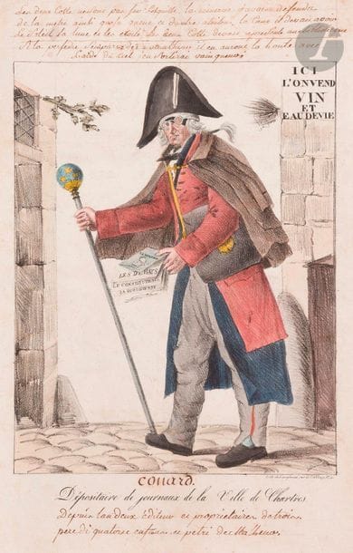 Langlumé éditeur (vers 1820)
Dépositaire de journaux de la Ville de Chartres. Caricature. Vers 1820. Lithographie. [305 x 460]. Curieuse épreuve sur vergé, en beau coloris du temps, soigneusement lavée (avec petites restaurations au verso, marquées à l’endroit des plis), augmentée de virulentes apostrophes à la plume et à l’encre sépia, attribuables au modèle ici portraituré. Toutes marges. Cette planche a été gravée par Alavoine lui-même. Après Jacques Cellerier, il fut le deuxième architecte chargé par Vivant Denon de mener à bien la construction de cette fontaine monumentale en forme d’éléphant surmonté d’un palanquin, qui devait acheminer l’eau depuis le canal de l’Ourcq par le canal Saint-Martin, et être installée sur la place de la Bastille. Après la chute de Napoléon, le projet fut abandonné, remplacé par une statue de Paris, réalisée par Jean-Pierre Cortot (1787-1843), les travaux toujours confiés à Alavoine. La Révolution des Trois Glorieuses (juillet 1830) interrompit ce nouveau projet. C’est finalement la colonne de Juillet qui fut érigée sur la place. Le bassin circulaire et la base de marbre blanc sur laquelle elle repose sont tout ce qui reste du projet initial de fontaine. L’éléphant ne fut jamais réalisé en bronze, mais de 1814 à 1846, un modèle en plâtre grandeur nature, réalisé par le sculpteur Pierre Charles Bridan fut élevé sur la place, avant d’être détruit. 
Dans Les Misérables, Victor Hugo en fait le refuge de Gavroche : « C’était une tanière ouverte à celui auquel toutes les portes étaient fermées. Il semblait que le vieux mastodonte misérable, envahi par la vermine et par l’oubli, couvert de verrues, de moisissures et d’ulcères, chancelant, vermoulu, abandonné, condamné, espèce de mendiant colossal demandant en vain l’aumône d’un regard bienveillant au milieu du carrefour, avait eu pitié, lui, de cet autre mendiant, du pauvre pygmée qui s’en allait sans souliers aux pieds, sans plafond sur la tête, soufflant dans ses doigts, vêtu de ch