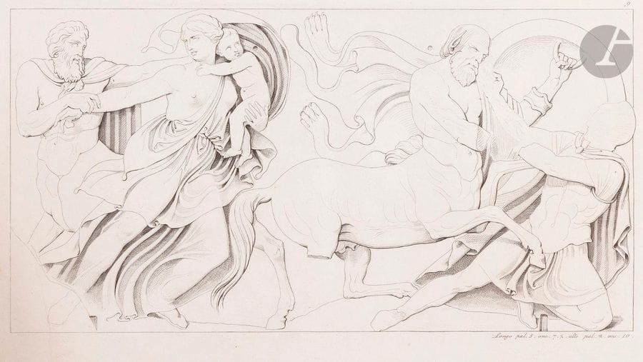 Ferdinand Ruscheweyh (1785-1846)
Bassorilievi antichi della Grecia o sia Fregio del tempio di Apollo Epicurio in Arcadia. Designato dagli originale da Gio. Maria Wagner ed inciso da Ferdinando Ruschweyh. Rome, Francesco Bourlié, 1814. Un album oblong broché, 475 x 320, contenant 25 pl. (dont la pl. 23, plus grande, rempliée) gravées d’après les dessins de Johann Martin Wagner, précédées d’une page de titre et de 4 feuillets de texte. Les premiers feuillets partiellement débrochés. Petite auréole claire d’humidité traversant tout le volume dans l’angle inférieur gauche. Reliure de carton brun très défraîchie.
 Ce volume constitue la première publication illustrée sur les frises de marbre du temple grec d’Apollon Épicourios à Bassae (Péloponnèse), représentant des combats de centaures, de Lapithes et d’amazones. Le site fit l’objet de fouilles à partir de 1811. Elles furent menées par une équipe internationale. Les sculptures furent transportées à fin de vente sur l’île ionienne de Zakynthos (Zante), où J. M. Wagner les dessina. Chargé de mission d’achats pour le souverain de Bavière, il renonça lui-même à les acquérir et ce fut Taylor Combe qui les acquit pour le British Museum – où elles se trouvent toujours dans une galerie qui leur est dédiée.