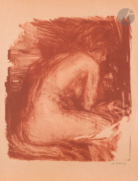 Albert de Belleroche (1864-1944)
Femme nue assise de dos. Vers 1910. Lithographie. 418 x 480. Impression en sanguine. Belle épreuve sur vélin mince chamois, signée au crayon. Plusieurs fines traces de plis. Infimes trous et accidents. Quelques courtes déchirures aux bords du feuillet. Petites traces de colle dans les angles au verso. Toutes marges. 