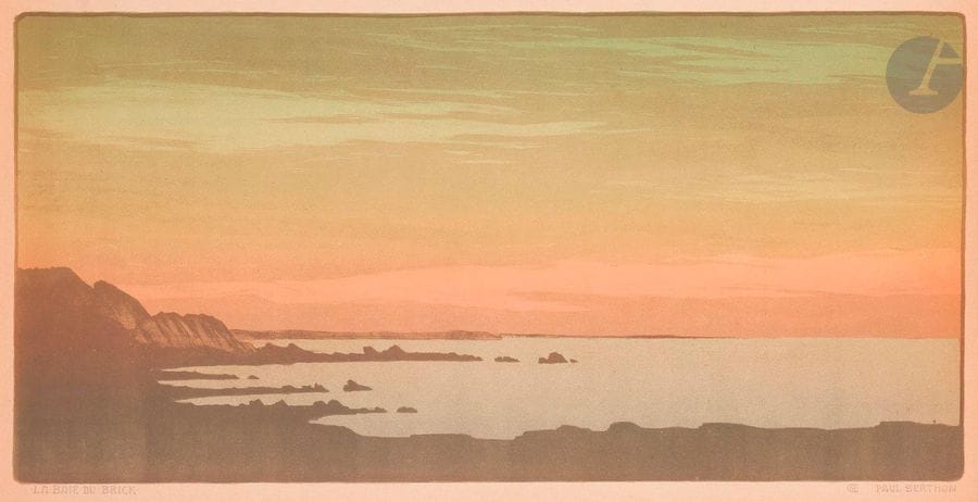 Paul Berthon (1872-1934)
La Pointe de Bretteville ; La Baie du Brick ; Nymphe dansant ; Vision antique (2 épr.). (5 panneaux décoratifs). 1899-1900. Lithographie. Feuillets : chaque env. [630 x 330]. Impression en couleurs. Très belles épreuves sur vélin glacé. Les 2 épreuves de Vision antique avec trous de perforeuse aux bords latéraux du feuillet (d’origine). Toutes marges. Joint : Sa Majesté la reine Wilhelmine. 1901 ; Kruger, président du Transvaal. Lithographie. Impression en couleurs. Très belles épreuves sur vélin glacé. Ens. 7 p. 