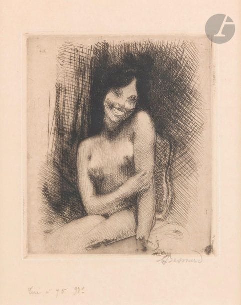 Albert Besnard (1849-1934)
Femme nue se frottant le bras. 1898. Pointe sèche. 120 x 137. Godefroy 117. Très belle épreuve sur simili-japon, signée au crayon puis annotée « Tiré à 75 N° ». Marges. Cadre. 