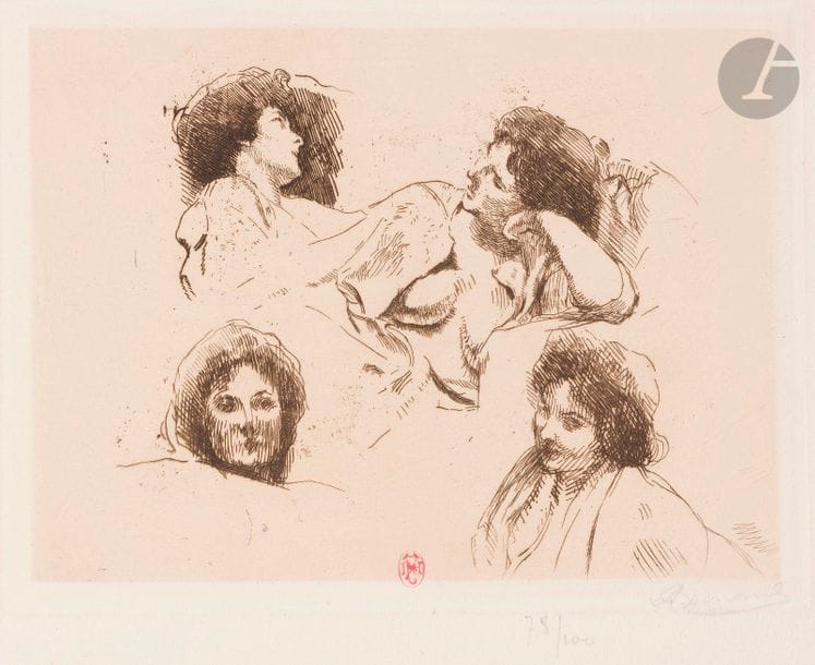 Albert Besnard (1849-1934
)Four heads of women (study for "L'Île heureuse
").
1899. Etching. 270 x 200. Godefroy 120. Very nice proof on laid paper, signed and numbered in pencil. All margins. Edition of 100 proofs. Ex-coll. E. D. Forgues (Lugt 743a).

