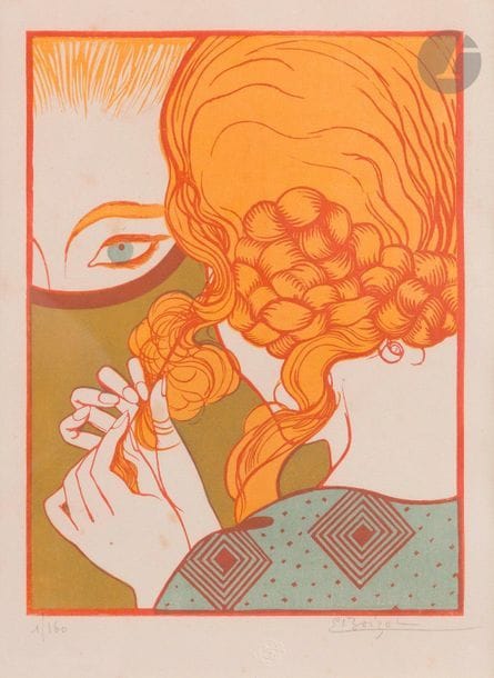 Émile Boizot (1876-1948)
Le Miroir. 1927. Bois gravé. 158 x 202. Impression en couleurs. Très belle épreuve sur vélin blanc, numérotée et signée au crayon. Quelques rousseurs claires. Marges. Tirage à 160 épreuves. Timbre sec : Société de la Gravure sur Bois Originale (Lugt 1140a). Cadre. 