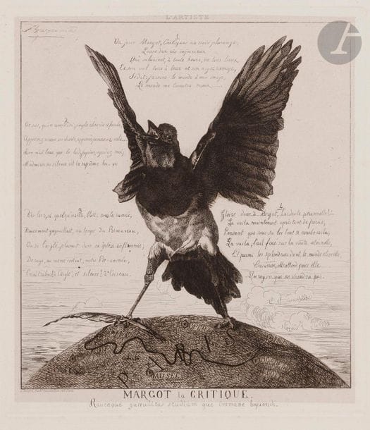 Félix Bracquemond (1833-1914)
Margot la critique. 1854. Eau-forte. 238 x 205. Beraldi 113 ; I.F.F. 39. Très belle épreuve sur chine appliqué, du tirage effectué pour L’Artiste. Toutes marges.