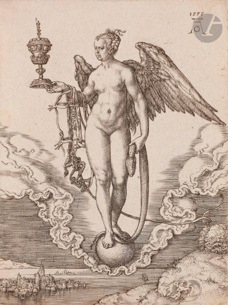 Heinrich Aldegrever (1502-c. 1555-1561
)La Fortune. 1555. Chisel. 80 x 113. Bartsch, New Hollstein 143. Very nice and fresh proof. On the reverse, initials of Mariette and the date "1668" in pen and ink (Lugt 1790), initials of F. Reichberger and the date "1806" (Lugt 2133) and stamps of the Albertina (5e and 5f).
