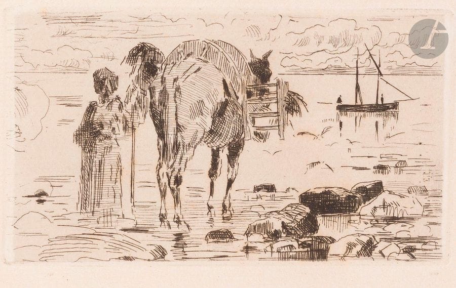 Félix Buhot (1847-1898)
Pêcheurs de varech. Eau-forte. 103 x 60. Bourcard-Goodfriend 36 bis. Très belle épreuve sur vergé crème. Rousseurs claires éparses. Toutes marges. (Tirage pour Paris à l’Eau-forte, vol. 6, livraison 106, p. 155, 25 avril 1875, sous le titre : La Mule à la mer).