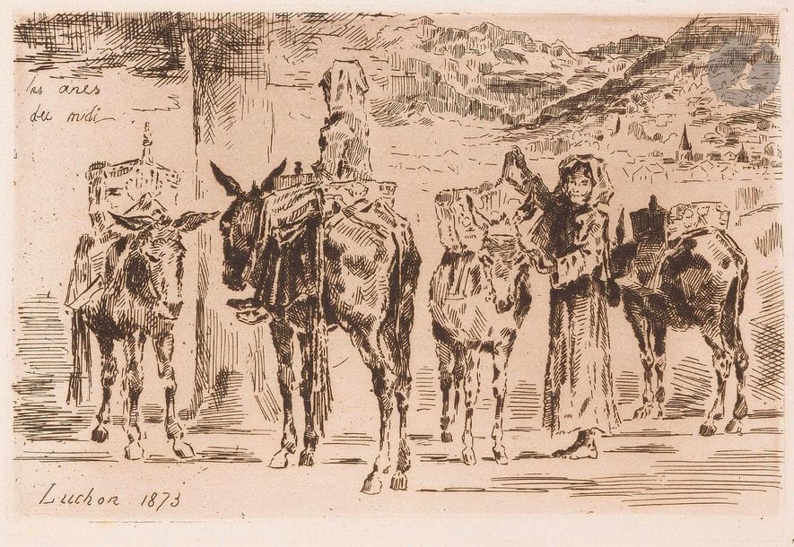 Félix Buhot (1847-1898)
Feuille d’ânes du Midi. 1873. Eau-forte. 176 x 120. Bourcard-Goodfriend 40. Très belle épreuve sur vergé crème, du 1er état (sur 2), avant effaçage de l’inscription en haut à gauche et des fonds. Infimes rousseurs claires. Toutes marges. 