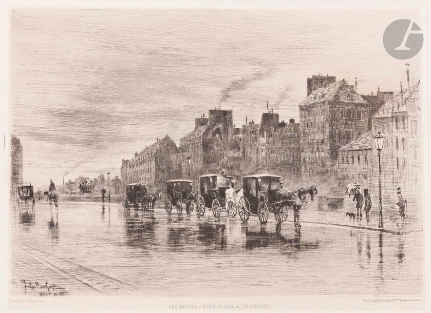 Félix Buhot (1847-1898)
Une matinée d’hiver, quai de l’Hôtel-Dieu, ou Les Fiacres. Eau-forte et pointe sèche. 320 x 239. Bourcard-Goodfriend 123. Très belle épreuve du tirage Cadart, sur chine appliqué. Fine bande d’oxydation aux bords du feuillet. Petites rousseurs claires éparses. Toutes marges. 