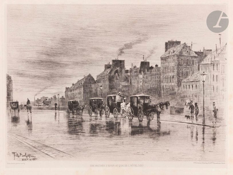 Félix Buhot (1847-1898)
Une matinée d’hiver au quai de l’Hôtel-Dieu, ou Les Fiacres. Eau-forte et pointe sèche. 320 x 239. Bourcard-Goodfriend 123. Belle épreuve du tirage Cadart, sur chine appliqué. Légères rousseurs et deux petites épidermures dans les angles. Marges réduites à 80 mm. 