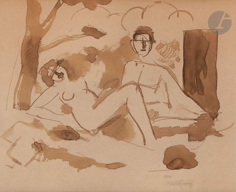 Roger de LA FRESNAYE (1885-1925)
Le Couple sous l’arbre, 1914
Encre et lavis d’encre.
Signée et datée en bas à droite.
Titrée sur une étiquette au dos sur le montage.
25,5 x 31 cm

Provenance : 
Collection du poète et critique Louis Chardourne, Guarches. Par descendance.

Exposition : 
Marie Harriman Gallery, New York, 1932, n° 20 (étiquette au dos).

Bibliographie : 
Germain Seligman, Roger de la Fresnaye, Catalogue Raisonné, Neuchâtel, Édition Ides et Calendes, 1969, n° 208, reproduit p. 178.