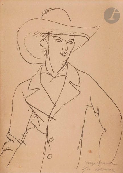Roger de LA FRESNAYE (1885-1925
)Raymond Radiguet with straw hat, 1921Ink
.
Signed, dated and located "Carqueiranne" on the lower right.
17 x 12 cmProvenance

: 
Collection of the poet and critic Louis Chardourne, Garches


.

 
By descent.

Bibliography : 
Germain Seligman, Roger de la Fresnaye, Catalogue Raisonné, Neuchâtel, Éditions Ides et Calendes, 1969, n° 494, reproduced p. 248









.
