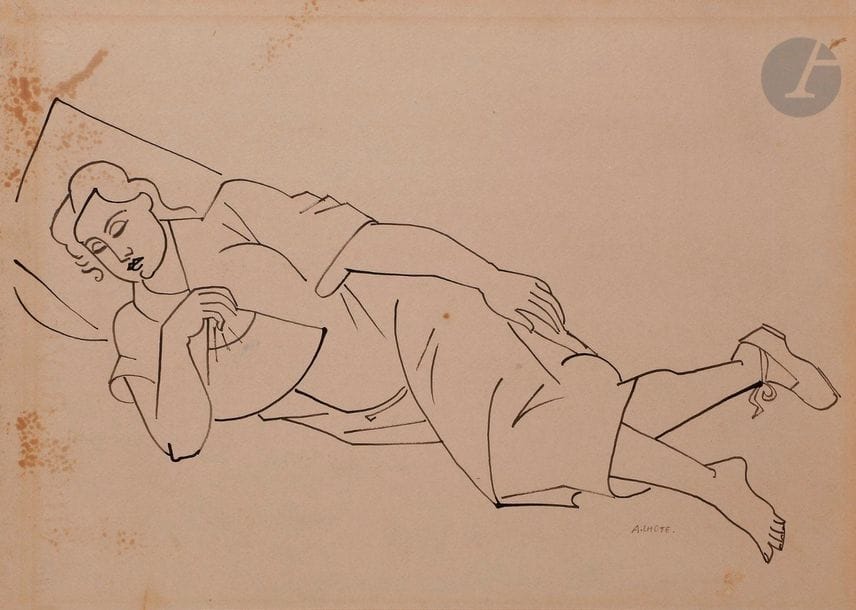 André LHOTE (1885-1962)
Femme allongée à l’éventail, vers 1930
Encre sur papier monté sur papier fort.
Signée en bas à droite.
(Rousseurs, papier jauni).
27,5 x 38,5 cm

Nous remercions Madame Bermann Martin d’avoir confirmé l’authenticité de cette œuvre et pour les informations qu’elle nous a transmises.