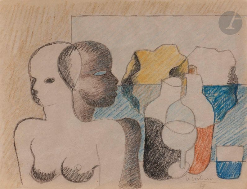 Charles-Édouard JEANNERET dit LE CORBUSIER (1887-1965)
Couple en buste et nature morte devant un paysage, 1928
Crayons de couleur et mine de plomb.
Signé et daté en bas à droite.
21 x 27,5 cm

Un certificat de Monsieur Eric Mouchet sera remis à l’acquéreur.