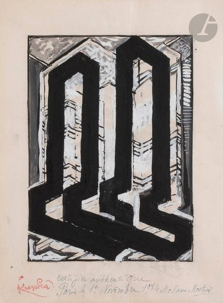 František KUPKA (1871-1957)
Étude pour Quatre Histoires de Blanc et de Noir, 1925-26
Gouache et encre de Chine.
Signée en bas à droite.
Porte le timbre de la signature de l’artiste en bas à gauche.
28 x 22 cm

Un certificat de Monsieur Pierre Brullé en date du 30 août 2018 sera remis à l’acquéreur.