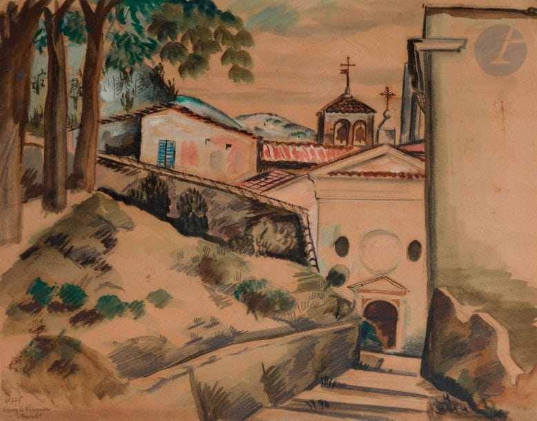 Henry de WAROQUIER (1881-1970)
Brescia, Chapelle au pied du jardin public
Encre et aquarelle.
Signée, située et numérotée « N° 779 ».
Monogrammée et numérotée au dos sur le montage.
Étiquette de l’artiste.
32 x 40 cm

Provenance : 
Galerie d’art « Le Centaure », Paris (étiquette au dos du montage).

Un certificat de Monsieur Guy de Waroquier sera remis à l’acquéreur.
Nous remercions Monsieur Guy de Waroquier pour les informations qu’il nous a transmises.