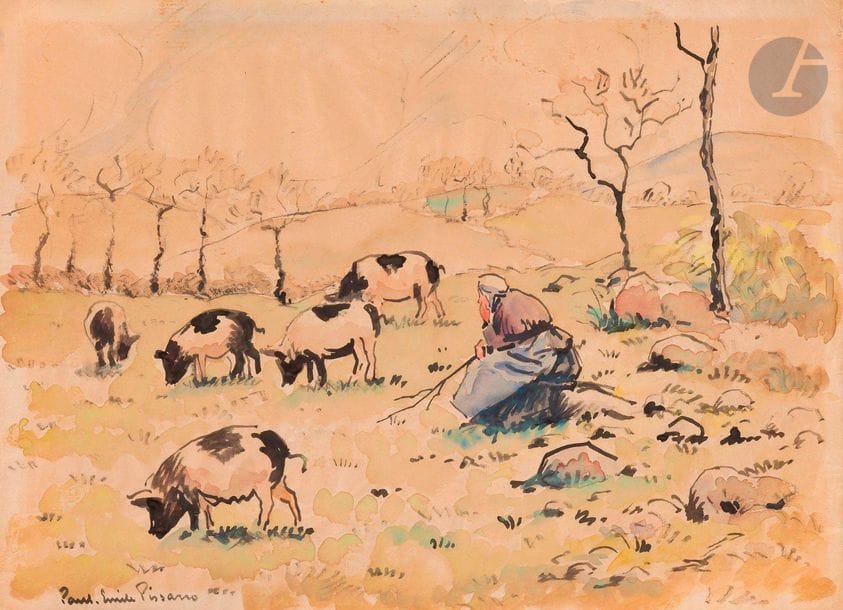 Paul-Émile PISSARRO (1884-1972
)Paysanne et ses cochonsAquarelle
.
Signed lower left.
(Insolated, small spots).
23 x 31 cm




