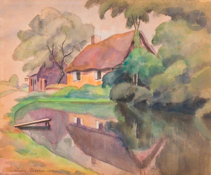 Paul-Émile PISSARRO (1884-1972)
Maison au bord d’un étang
Aquarelle.
Signée en bas à gauche.
31 x 37,5 cm
