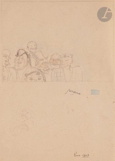 J. Pincas dit PASCIN (1885-1930)
Hommes par la fenêtre, 1907
Mine de plomb et aquarelle.
Porte le timbre de la signature et de l’atelier en bas à droite.
Annotée « Paris 1907 » en pied.
28,5 x 21 cm

Provenance : 
Collection de Monsieur B., région parisienne.

Nous remercions Madame Rosemarie Napolitano d’avoir confirmé l’authenticité de cette œuvre.