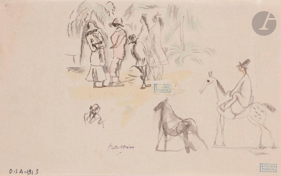 J. Pincas dit PASCIN (1885-1930
)Étude de personnages, 1915Ink
and watercolour.
Bears the stamp of the signature and the workshop.
Annotated "Usa - 1915".
14 x 22.5 cmProvenance

: 
Collection of Monsieur B., Paris area


.

 


We thank Mrs Rosemarie Napolitano for confirming the authenticity of this work.









