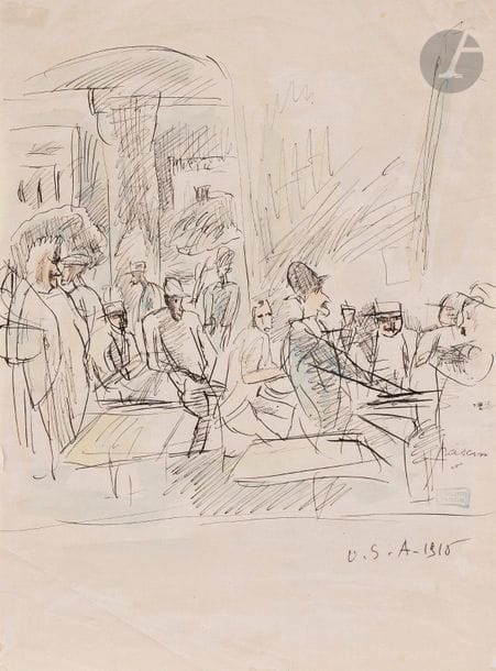 J. Pincas dit PASCIN (1885-1930)
Hommes attablés, 1915
Encre et aquarelle.
Porte le timbre de la signature et de l’atelier en bas à droite.
Annotée « U.S.A. 1915 ».
(Plis).
27,5 x 21 cm

Provenance : 
Collection de Monsieur B., région parisienne.

Nous remercions Madame Rosemarie Napolitano d’avoir confirmé l’authenticité de cette œuvre.