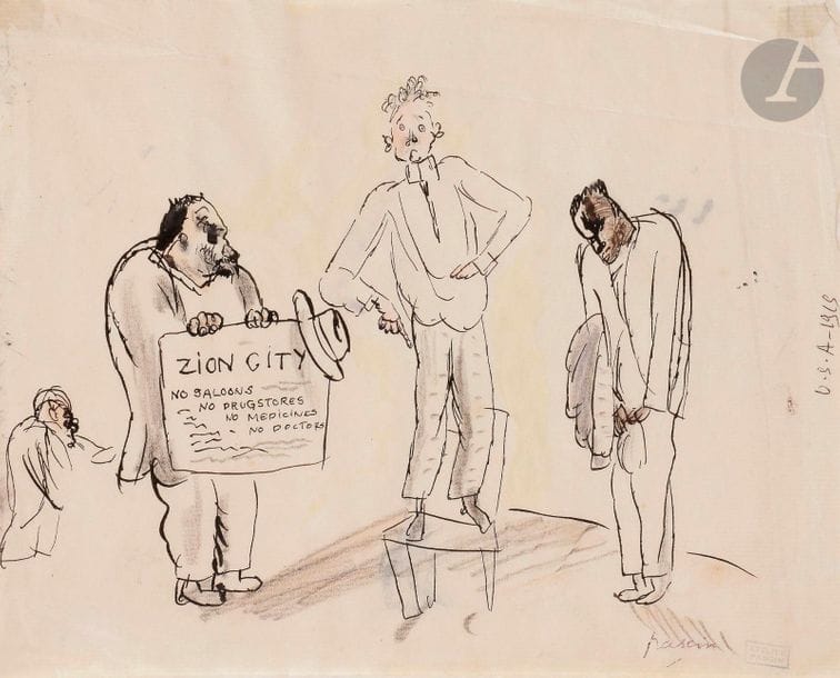 J. Pincas dit PASCIN (1885-1930)
Zion City, 1915
Encre, aquarelle et fusain sur calque.
Porte le timbre de la signature et de l’atelier en bas à droite.
Annotée « U.S.A. 1915 » en marge.
(Petits plis).
19,5 x 24,5 cm

Provenance : 
Collection de Monsieur B., région parisienne.

Nous remercions Madame Rosemarie Napolitano d’avoir confirmé l’authenticité de cette œuvre.