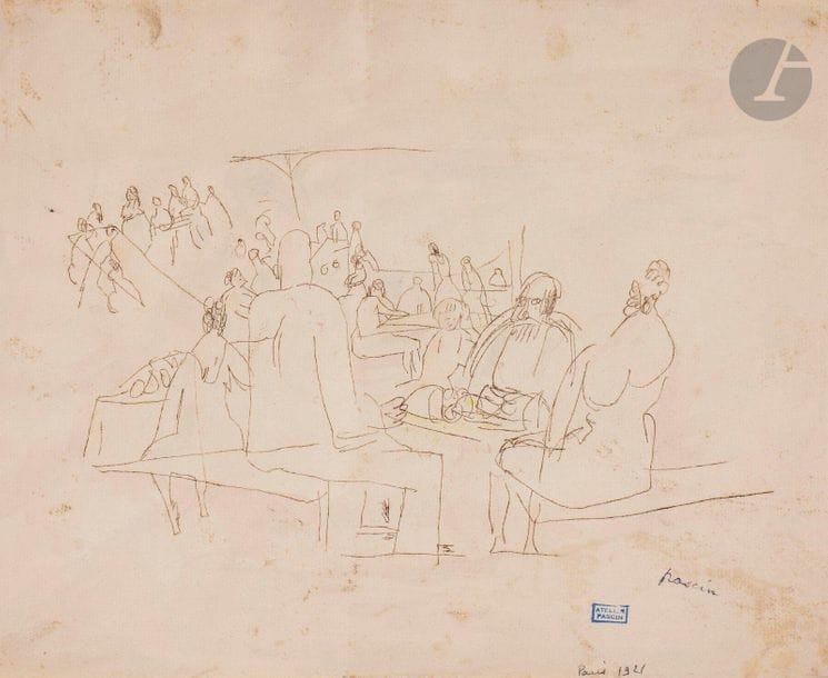 J. Pincas dit PASCIN (1885-1930)
Personnages attablés, 1921
Encre sépia et rehauts d’aquarelle.
Porte le timbre de la signature et de l’atelier en bas à droite.
Annotée « Paris 1921 ».
26 x 32 cm

Provenance : 
Collection de Monsieur B., région parisienne.

Nous remercions Madame Rosemarie Napolitano d’avoir confirmé l’authenticité de cette œuvre.