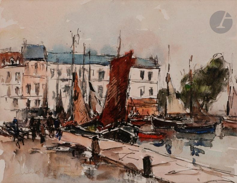 Fernand HERBO (1905-1995)
Honfleur, le port, 1965
Aquarelle sur traits de fusain.
Signée, datée et située en bas à gauche.
24 x 31 cm

Provenance : 
Collection du critique d’art Gaston Diehl.
