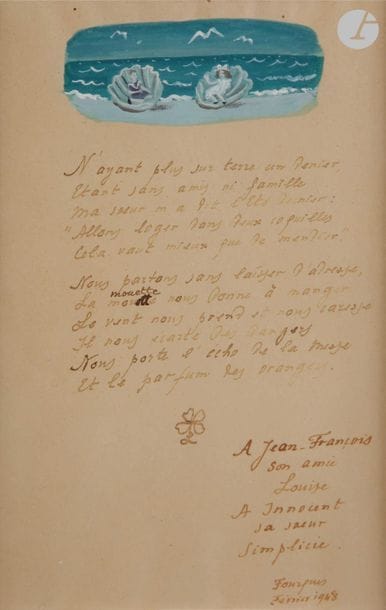 Louise de VILMORIN (1902-1969) - Jean HUGO (1894-1984)
N’ayant plus sur terre un denier, 1948
Gouache and ink.
Poem by Louise de Vilmorin illustrated by Jean Hugo.
Signed, dated and dedicated on the lower right.
25 x 16 cm

This poem is addressed to his friend Jean François Lefèvre-Pontalis, whom Louise de Vilmorin tenderly nicknames in her writings "l'Innocent" (thus quoted in the letter). 