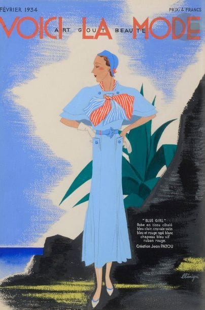 Léon BENIGNI (1892-1948)
Blue girl de Jean Patou, Voici la Mode, Art goût beauté, 1934
Gouache.
Signée en bas à droite.
30 x 20 cm

Il s’agit du dessin original de la couverture de Voici la Mode, Art Goût, Beauté, février 1934.