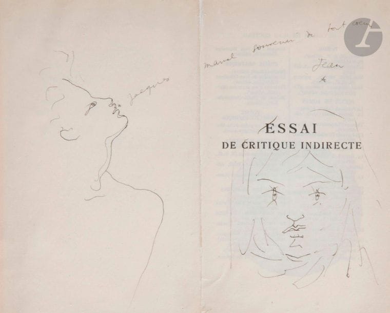 Jean COCTEAU (1889-1963
)Man in profile, woman in frontInk
on a double page of Essai de critique indirecte.
Signed and annotated "à Jacques Manuel souvenir de tout cœur - Jean".
19 x 23 cmWe

thank Madame Annie Guédras for confirming the authenticity of this work

.

An opinion of Mrs Annie Guédras will be given to the buyer.





