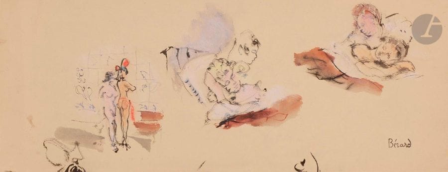 Christian BÉRARD (1902-1949)
Femmes endormies - Études de femmes
2 encres et gouaches.
Portent le timbre de la signature en bas à droite.
16,5 x 42 cm - 15,5 x 31 cm
 
Ce dessin est un projet d'illustration pour le roman de Jean Galtier-Boissière, La bonne vie,  paru en 1944.
