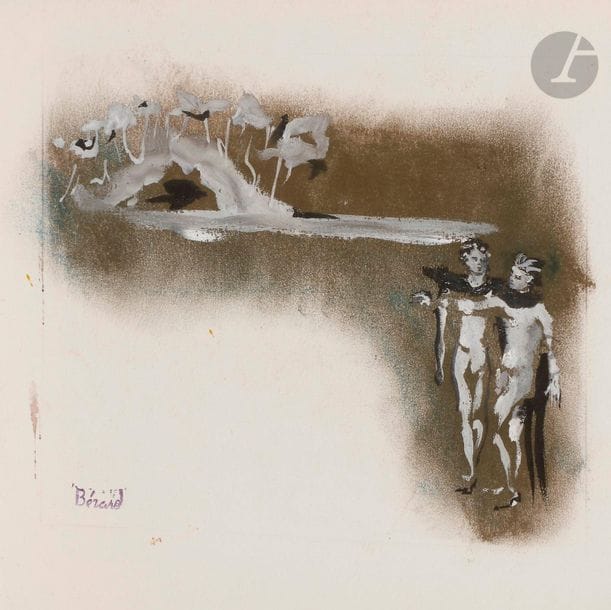 Christian BÉRARD (1902-1949)
La Grotte, vers 1943
Encre, gouache et pastel.
Porte le timbre de la signature en bas à gauche.
21,5 x 24,5 cm

Provenance :
Galerie Lucie Weill, Paris (étiquette au dos).

Ce dessin est un projet d'illustration ou de costumes pour la pièce de Jean Cocteau, Renaud et Armide, produite en 1943.