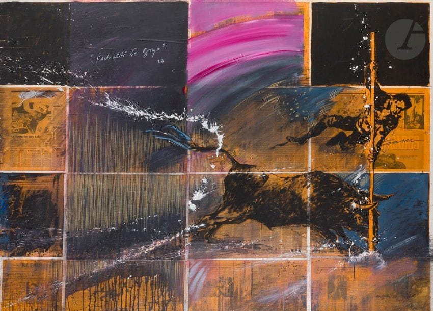 Claude-Hilaire HASTAIRE (b. 1946
)L'Actualité de Goya,
1988Mixed media and collage on canvas.
Signed and dated lower right.
Titled in the composition.
Signed, dated and titled on the back.
156 x 210 cm-
Provenance : 
Galerie Claude Lalandre, Paris (handwritten mention on the back on the stretcher)







.